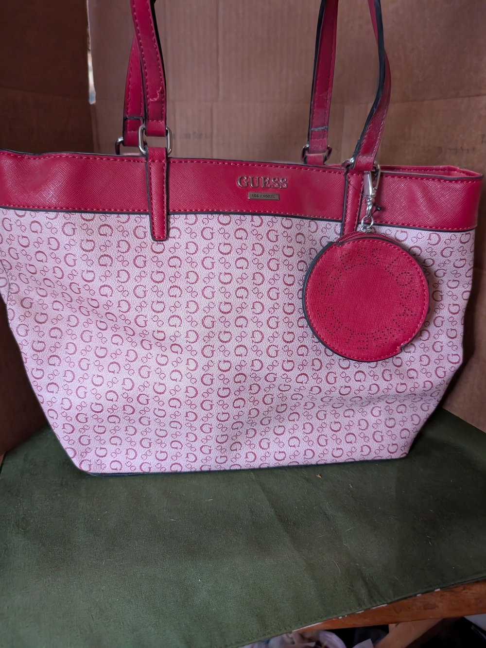 GUESS Red Signature Tote Bag with Coin Pouch